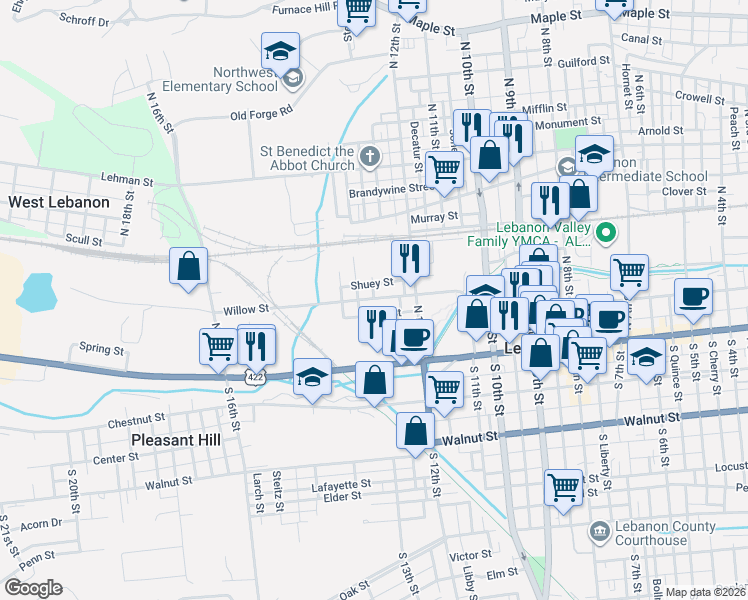 map of restaurants, bars, coffee shops, grocery stores, and more near 1233 Willow Street in Lebanon
