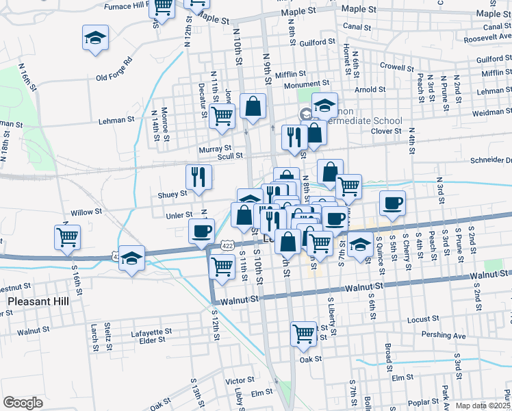 map of restaurants, bars, coffee shops, grocery stores, and more near 114 North 10th Street in Lebanon