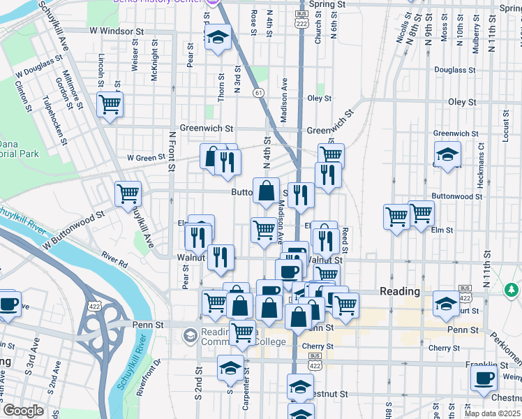 map of restaurants, bars, coffee shops, grocery stores, and more near 328 North 4th Street in Reading