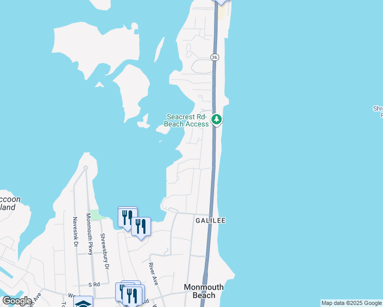 map of restaurants, bars, coffee shops, grocery stores, and more near 94 Seaview Avenue in Monmouth Beach