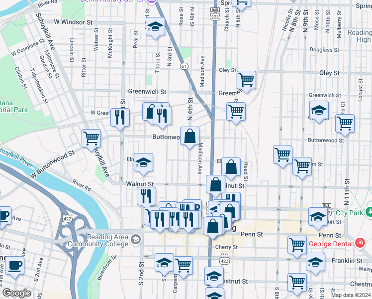 map of restaurants, bars, coffee shops, grocery stores, and more near 328 North 4th Street in Reading