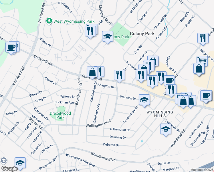 map of restaurants, bars, coffee shops, grocery stores, and more near 4 Wellington Boulevard in Wyomissing