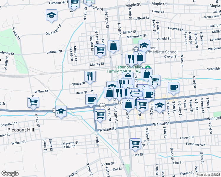 map of restaurants, bars, coffee shops, grocery stores, and more near 124 North 10th Street in Lebanon