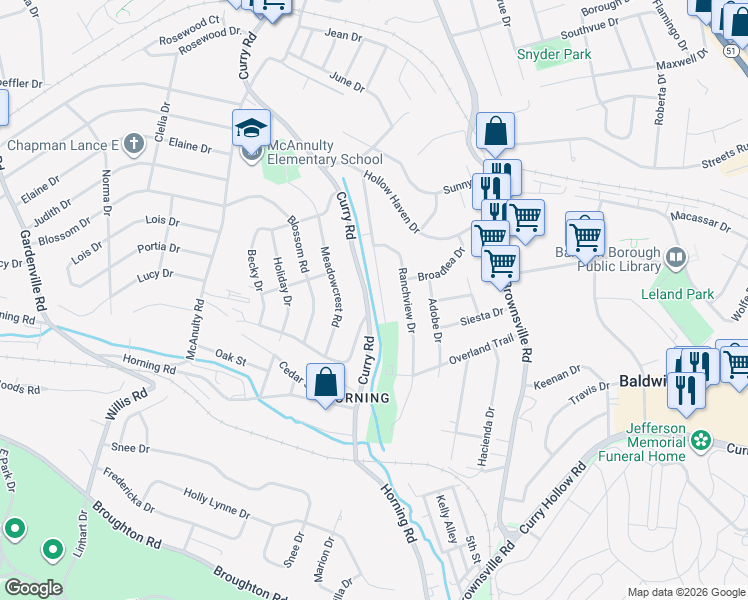 map of restaurants, bars, coffee shops, grocery stores, and more near 5240 Colewood Drive in Pittsburgh