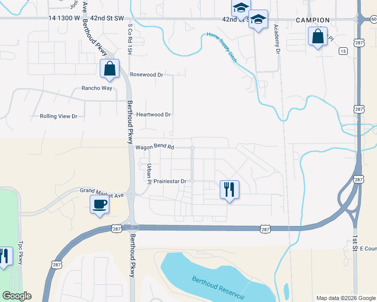map of restaurants, bars, coffee shops, grocery stores, and more near 825 Wagon Bend Road in Berthoud