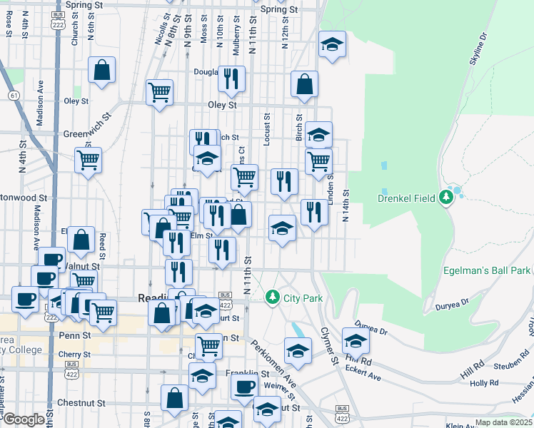 map of restaurants, bars, coffee shops, grocery stores, and more near 337 Locust Street in Reading