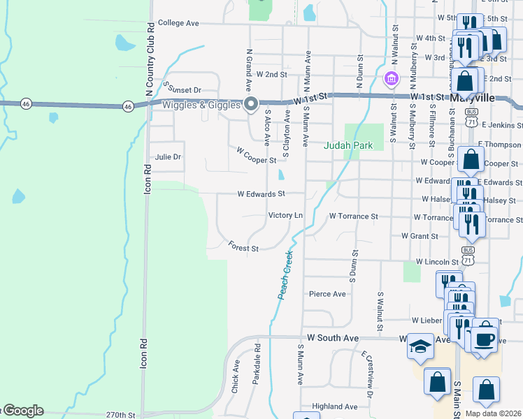map of restaurants, bars, coffee shops, grocery stores, and more near 1003 Victory Lane in Maryville