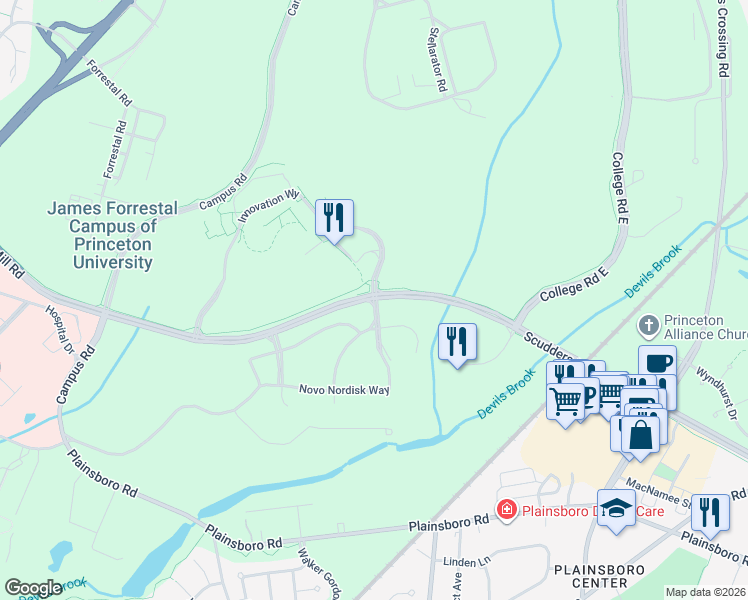 map of restaurants, bars, coffee shops, grocery stores, and more near 800 Scudders Mill Road in Plainsboro Township
