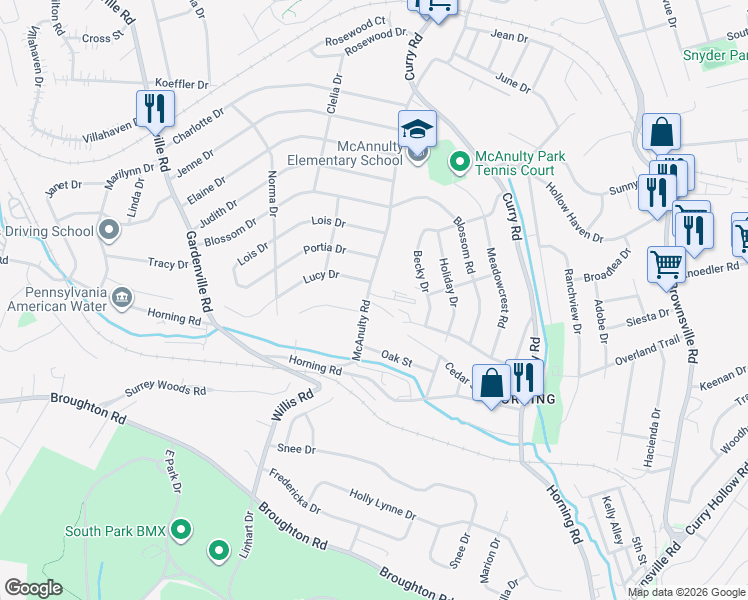 map of restaurants, bars, coffee shops, grocery stores, and more near 5315 McAnulty Road in Pittsburgh