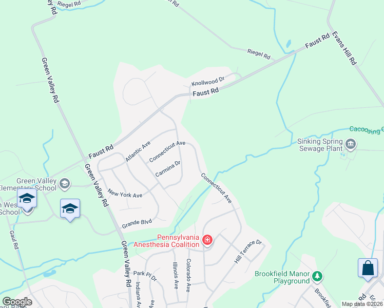 map of restaurants, bars, coffee shops, grocery stores, and more near 139 Connecticut Avenue in Sinking Spring