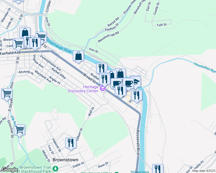 map of restaurants, bars, coffee shops, grocery stores, and more near 311 6th Avenue in Johnstown