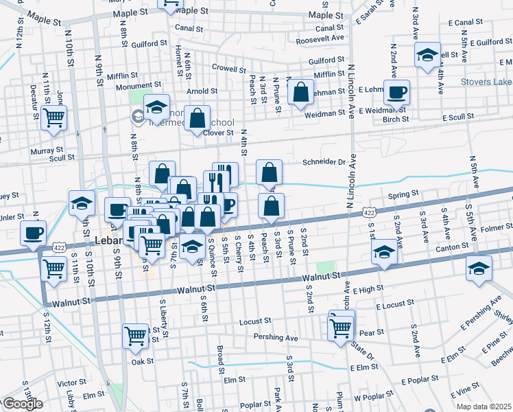map of restaurants, bars, coffee shops, grocery stores, and more near 30 North 4th Street in Lebanon