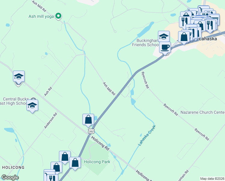 map of restaurants, bars, coffee shops, grocery stores, and more near 2539 Ash Mill Road in Doylestown