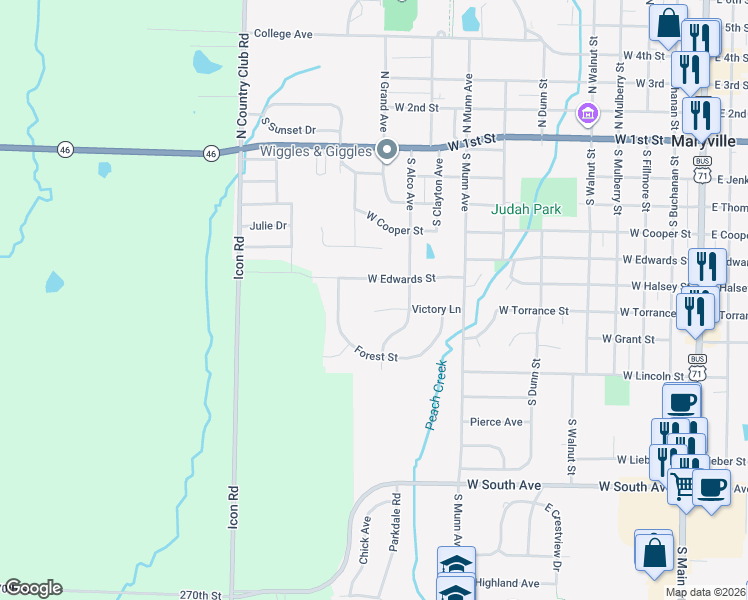 map of restaurants, bars, coffee shops, grocery stores, and more near 1003-1099 Victory Lane in Maryville