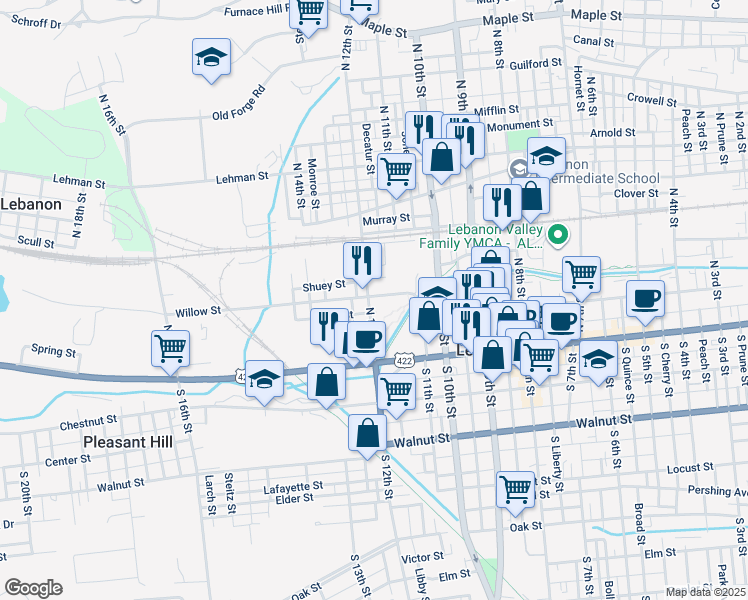 map of restaurants, bars, coffee shops, grocery stores, and more near 1132 Willow Street in Lebanon