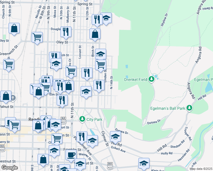 map of restaurants, bars, coffee shops, grocery stores, and more near 1348 Buttonwood Street in Reading