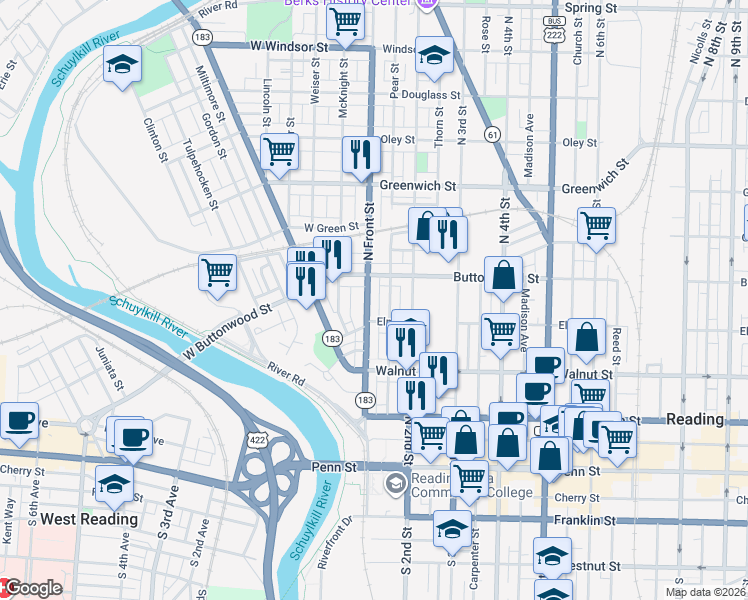 map of restaurants, bars, coffee shops, grocery stores, and more near 339 Pear Street in Reading