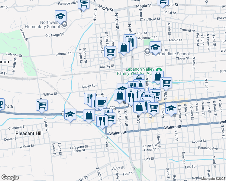 map of restaurants, bars, coffee shops, grocery stores, and more near 1094 Willow St in Lebanon