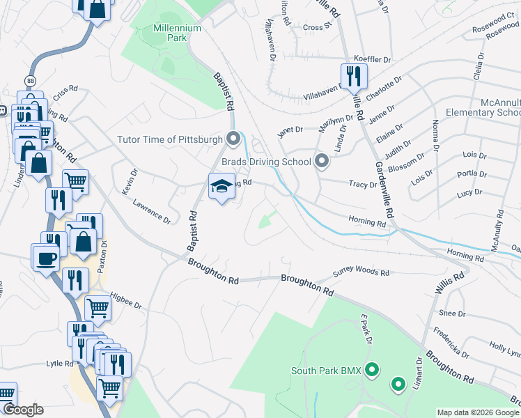 map of restaurants, bars, coffee shops, grocery stores, and more near 7015 Dumbarton Place in Bethel Park