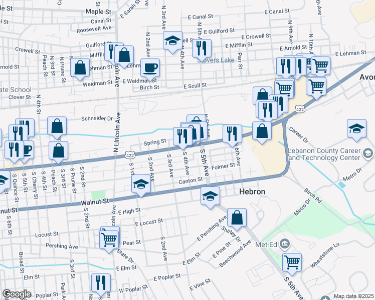 map of restaurants, bars, coffee shops, grocery stores, and more near 400 East Cumberland Street in Lebanon