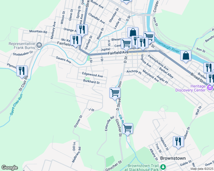 map of restaurants, bars, coffee shops, grocery stores, and more near 201 Burkhard Street in Johnstown