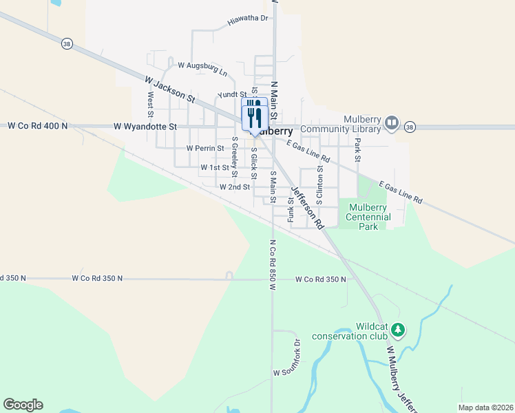 map of restaurants, bars, coffee shops, grocery stores, and more near 422 South Main Street in Mulberry