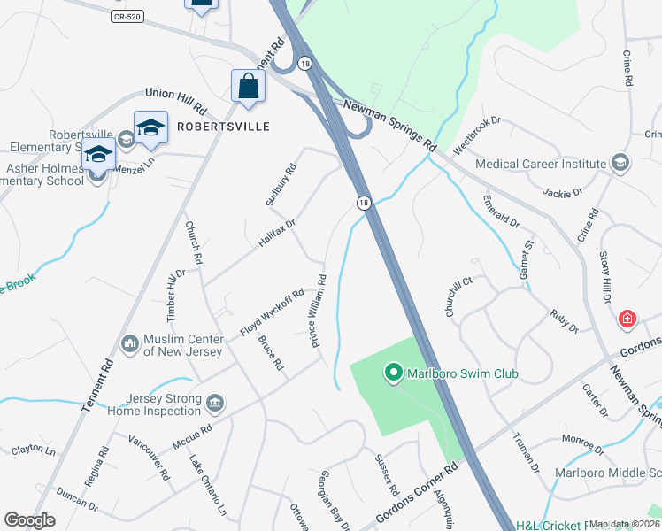 map of restaurants, bars, coffee shops, grocery stores, and more near 19 Prince William Road in Marlboro