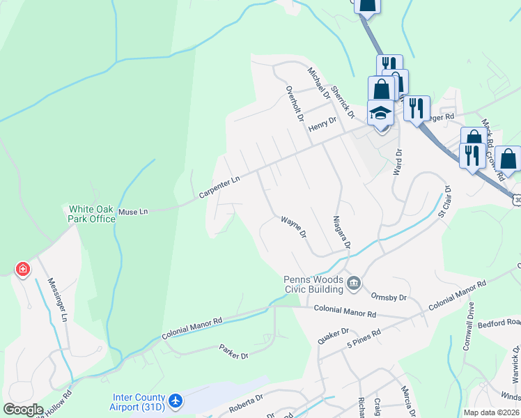 map of restaurants, bars, coffee shops, grocery stores, and more near 661 Nathan Drive in Irwin