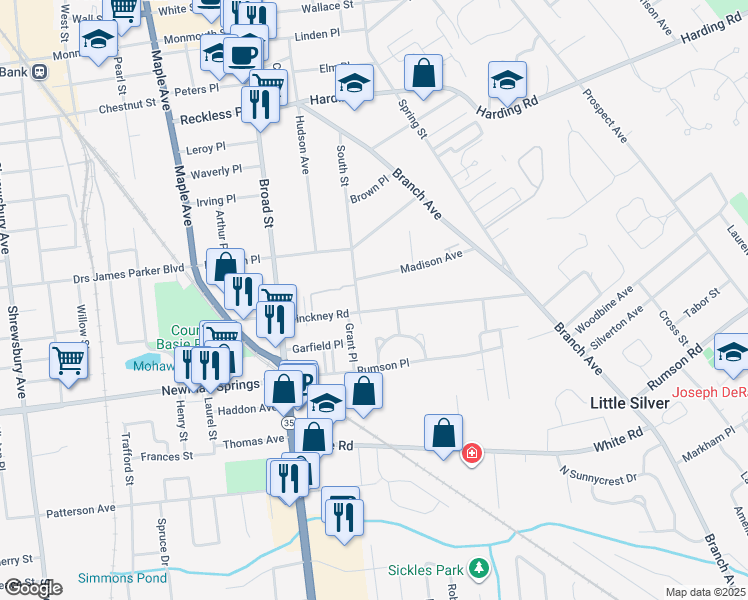 map of restaurants, bars, coffee shops, grocery stores, and more near 100 Pinckney Road in Red Bank