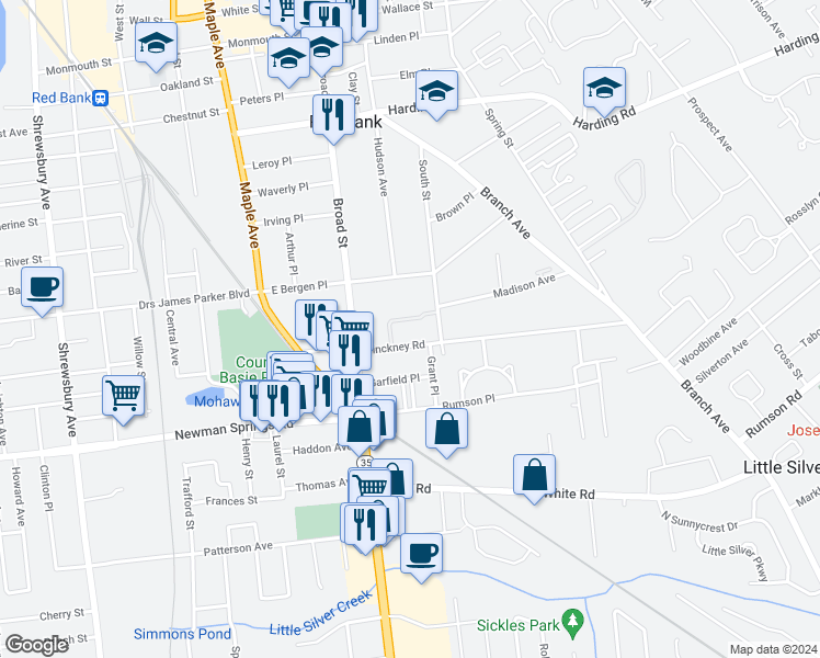 map of restaurants, bars, coffee shops, grocery stores, and more near 20 Pinckney Road in Red Bank