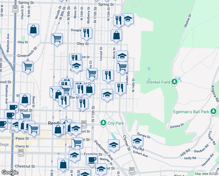 map of restaurants, bars, coffee shops, grocery stores, and more near 353 North 12th Street in Reading