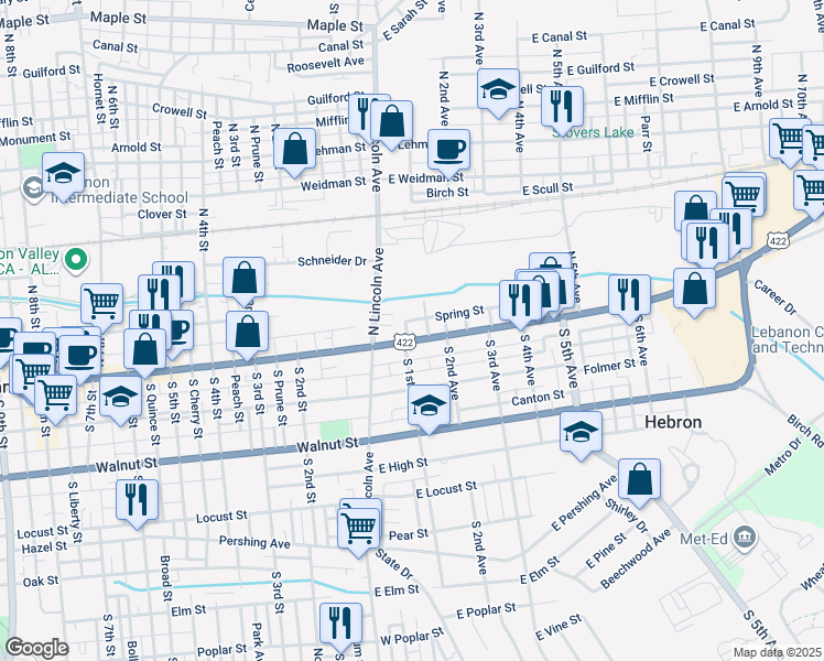 map of restaurants, bars, coffee shops, grocery stores, and more near 51 Spring Street in Lebanon