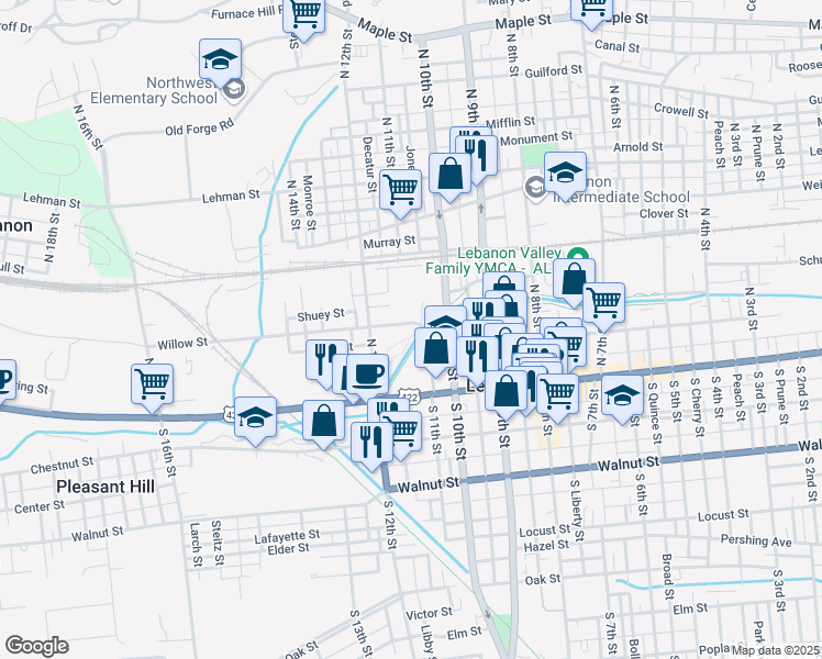 map of restaurants, bars, coffee shops, grocery stores, and more near 1094 Willow Street in Lebanon