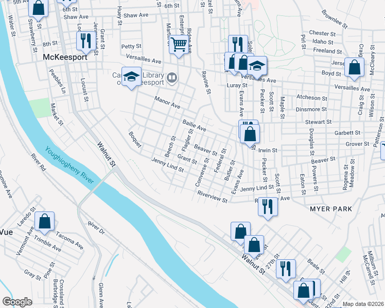 map of restaurants, bars, coffee shops, grocery stores, and more near 1815 Flagler Street in McKeesport