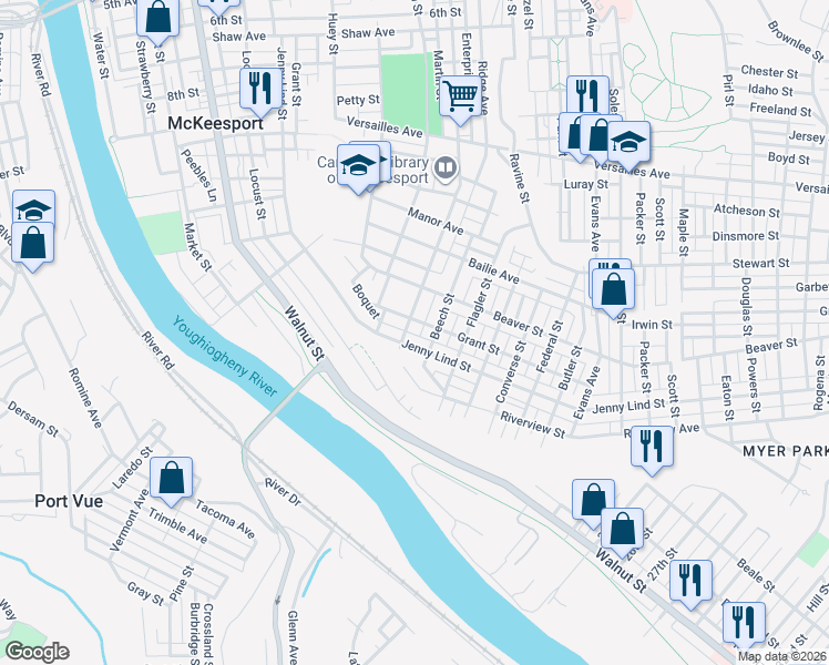 map of restaurants, bars, coffee shops, grocery stores, and more near 1523 Jenny Lind Street in McKeesport