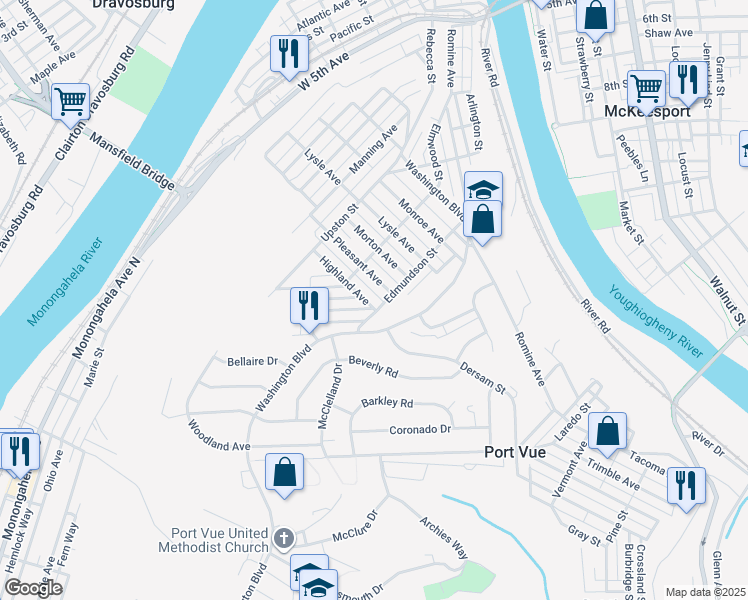 map of restaurants, bars, coffee shops, grocery stores, and more near 1010 Highland Avenue in McKeesport