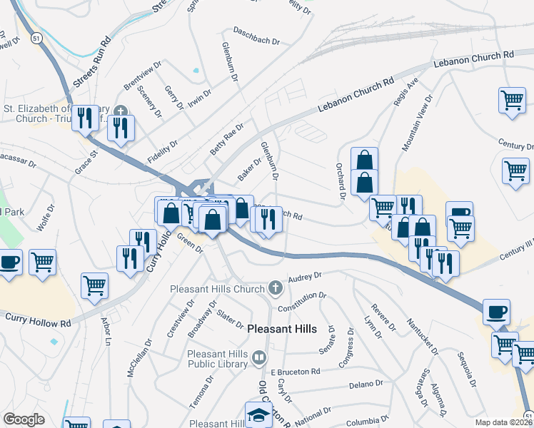 map of restaurants, bars, coffee shops, grocery stores, and more near 116 Old Lebanon Church Road in Pittsburgh