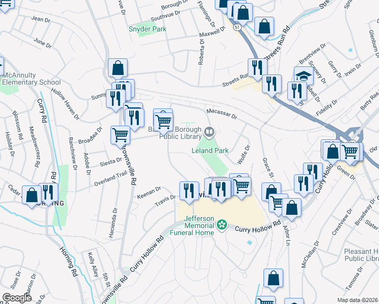 map of restaurants, bars, coffee shops, grocery stores, and more near 5355 Youngridge Drive in Pittsburgh