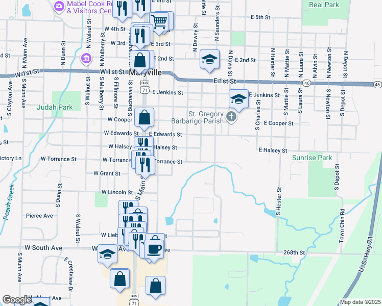 map of restaurants, bars, coffee shops, grocery stores, and more near 402 East Halsey Street in Maryville