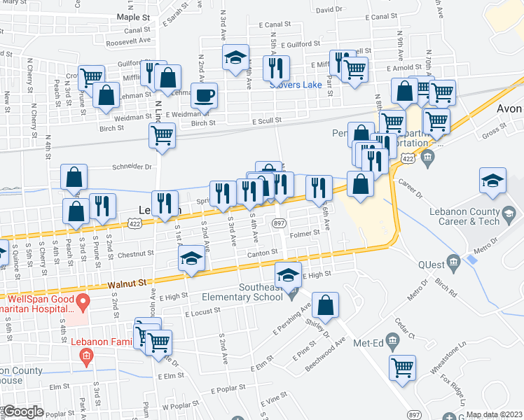 map of restaurants, bars, coffee shops, grocery stores, and more near 418 East Cumberland Street in Lebanon