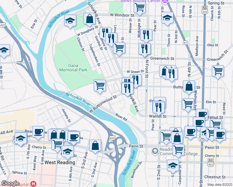 map of restaurants, bars, coffee shops, grocery stores, and more near 255 West Buttonwood Street in Reading