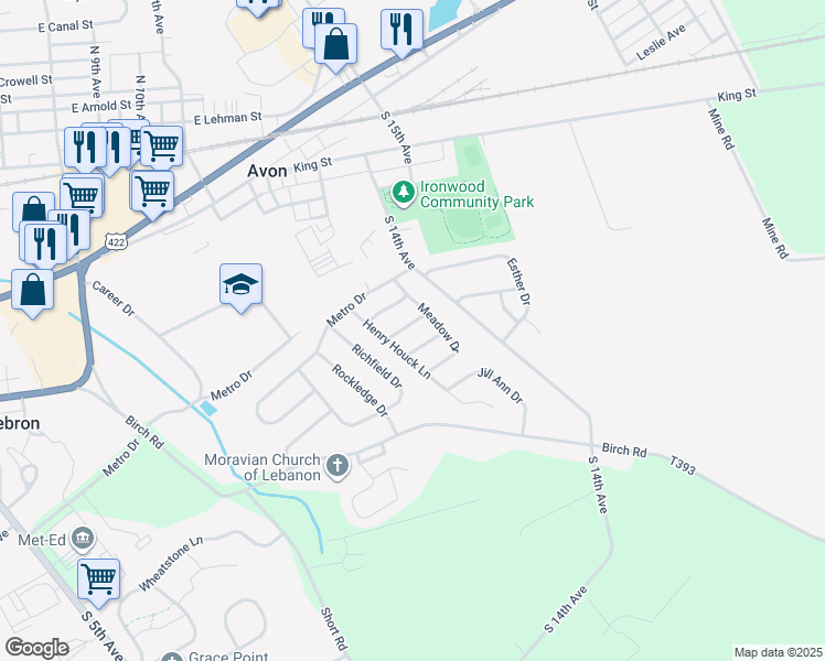 map of restaurants, bars, coffee shops, grocery stores, and more near 1360 Fairview Lane in Lebanon