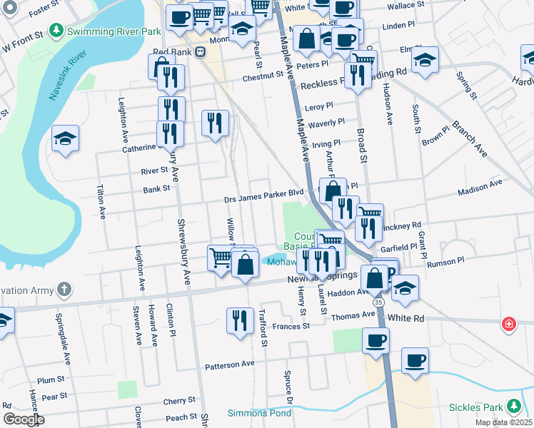 map of restaurants, bars, coffee shops, grocery stores, and more near 258 South Pearl Street in Red Bank