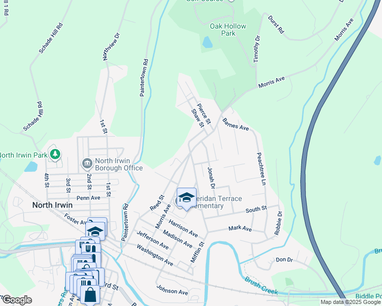 map of restaurants, bars, coffee shops, grocery stores, and more near 1219 Morris Avenue in North Huntingdon