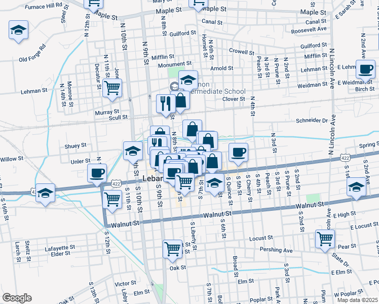 map of restaurants, bars, coffee shops, grocery stores, and more near 741 Willow St in Lebanon