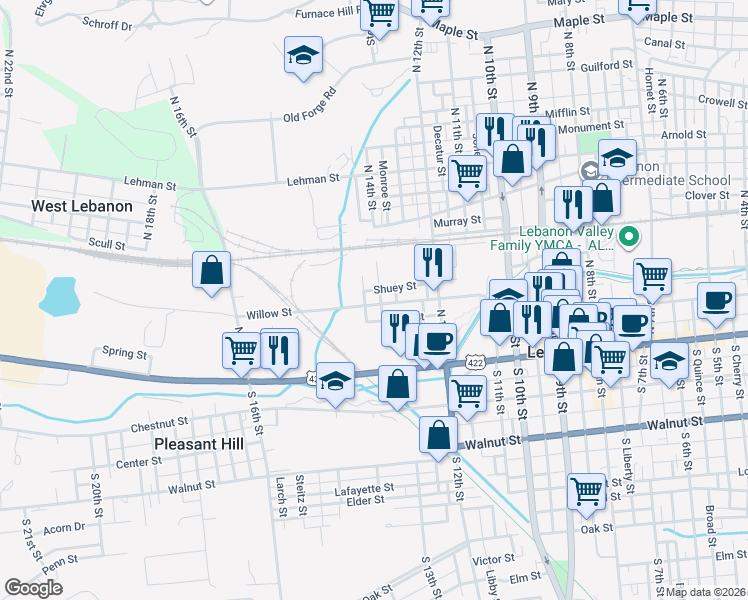 map of restaurants, bars, coffee shops, grocery stores, and more near 1401 Willow Street in Lebanon