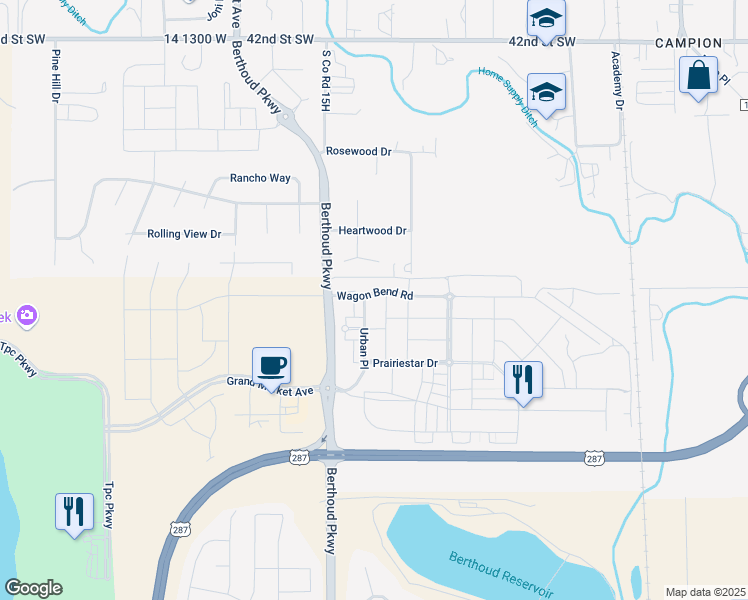 map of restaurants, bars, coffee shops, grocery stores, and more near 2982 Urban Place in Berthoud
