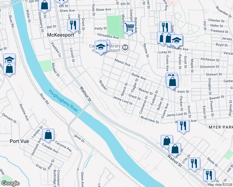 map of restaurants, bars, coffee shops, grocery stores, and more near 1523 Jenny Lind Street in McKeesport