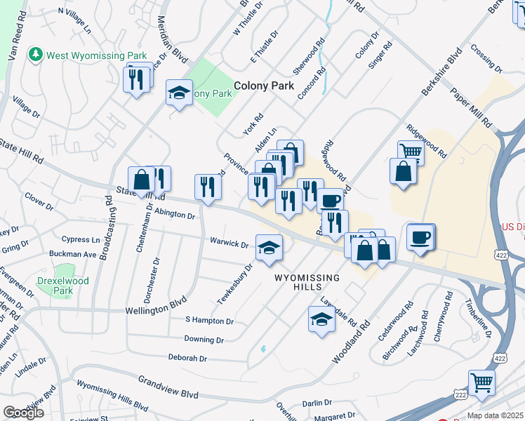 map of restaurants, bars, coffee shops, grocery stores, and more near 1193 Berkshire Boulevard in Wyomissing