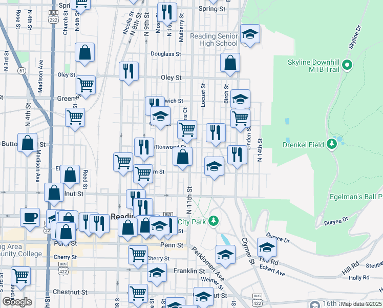 map of restaurants, bars, coffee shops, grocery stores, and more near 345 North 11th Street in Reading